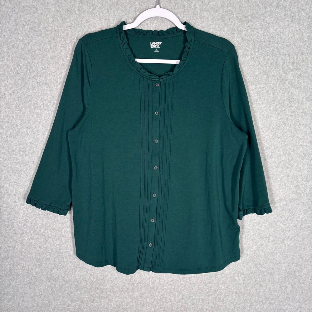 Lands End Cotton Modal Button Ruffle Shirt Green Pintuck Jersey Knit Stretch